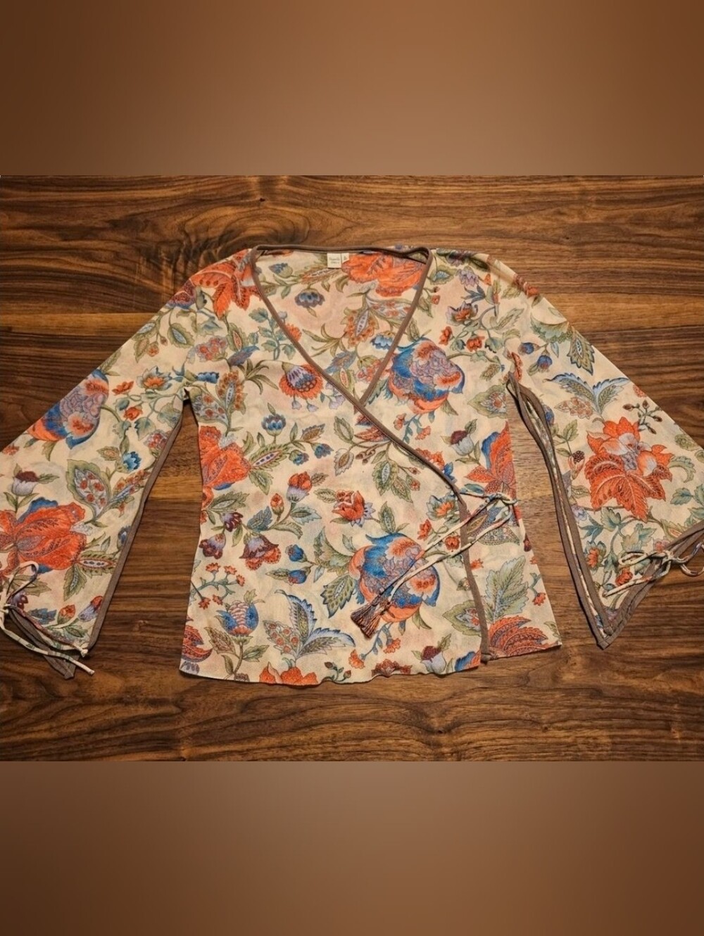 Sweet Pea by Stacy Frati Mesh Wrap Top Floral Bell Sleeve Y2K L